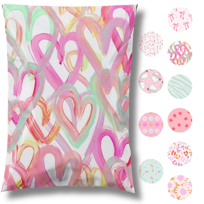 Pretty Package Store 6x9 Designer Poly Mailer 100 Pack Heavy Duty Waterproof Self Seal Shipping Bags for Small Business Large Mailing Envelopes Bulk Tear Resistant Cute Packaging Happy Hearts - Image 1